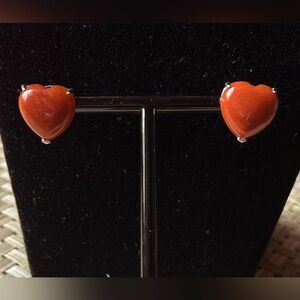 Burmese Red/ Burnt Orange Jade Stud Heart Shape Earrings 925